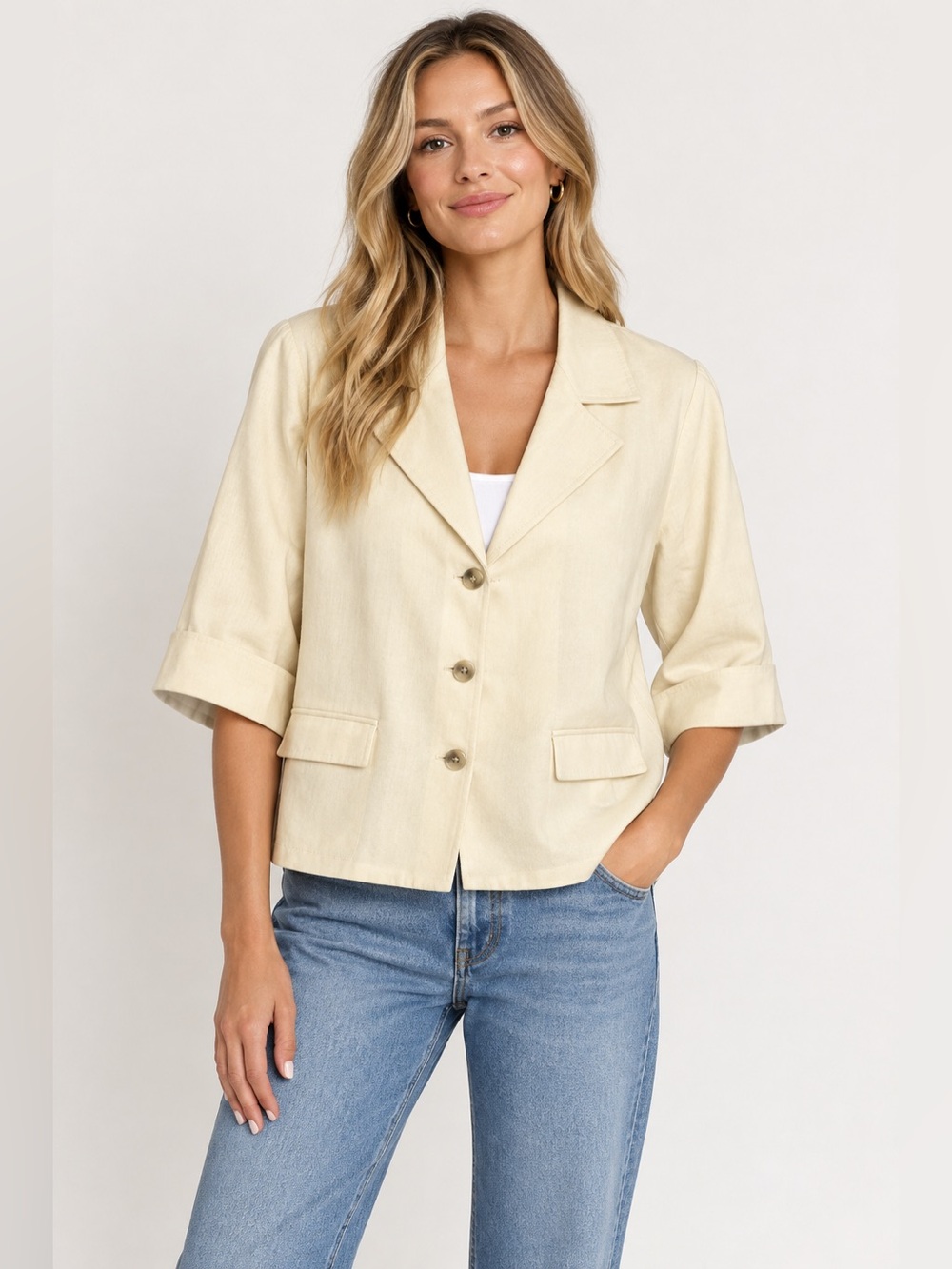 Elie Tahari Virgin Wool Blend Short Sleeve Blazer Jacket - Cream Off White